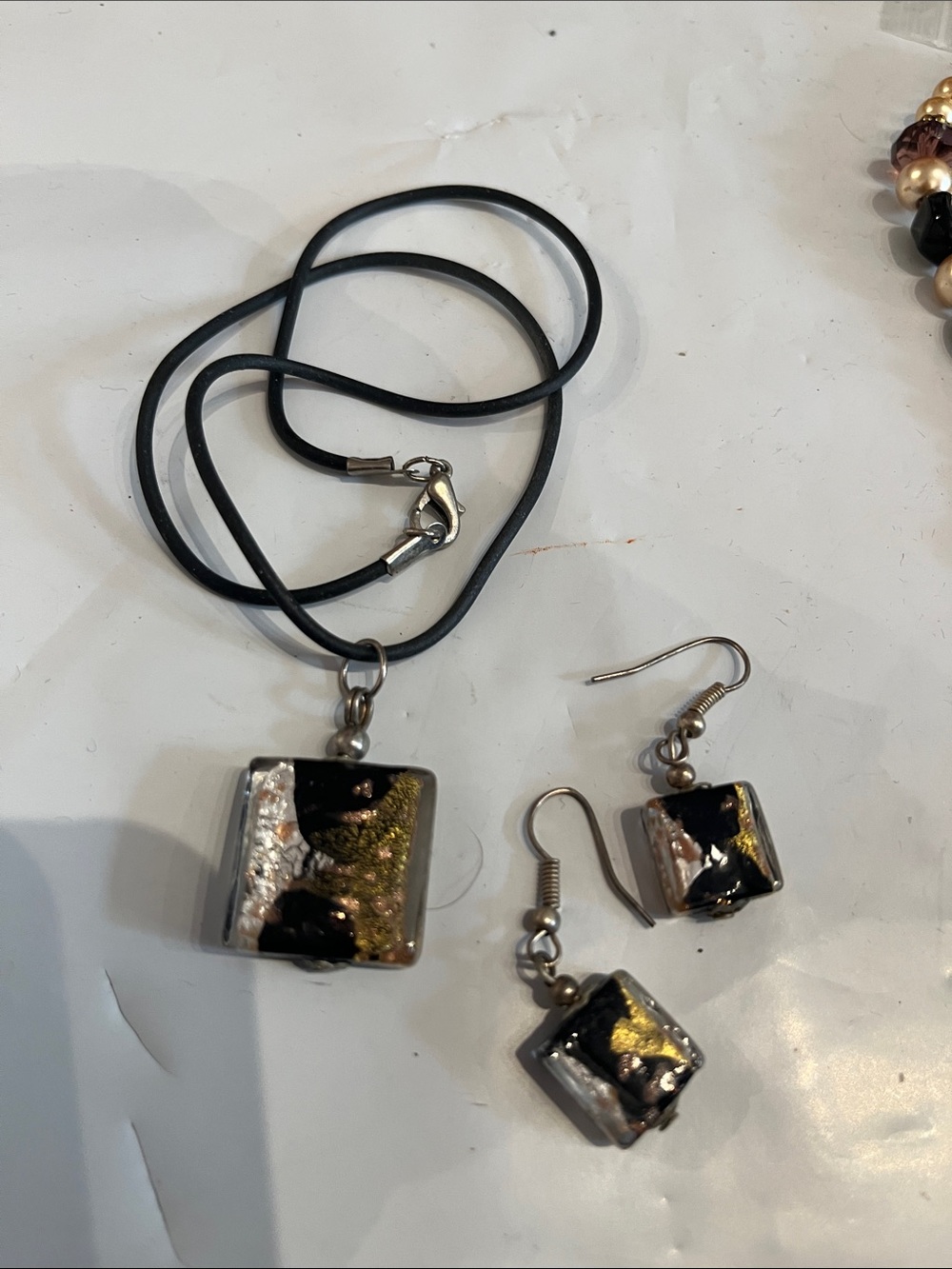 MURANO GLASS Black and Gold Square Glass Pendant Necklace with Matching Earrings
